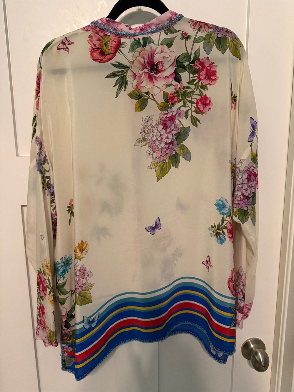 Johnny Was 100% Silk Floral and Butterfly Button-Up Blouse with Blue Stripe Hem - Picture 4 of 8